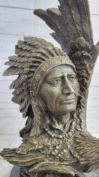 Native American Man & Eagle Bronze Bust on Marble Base