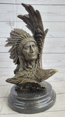 Native American Man & Eagle Bronze Bust on Marble Base
