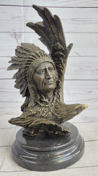 Native American Man & Eagle Bronze Bust on Marble Base