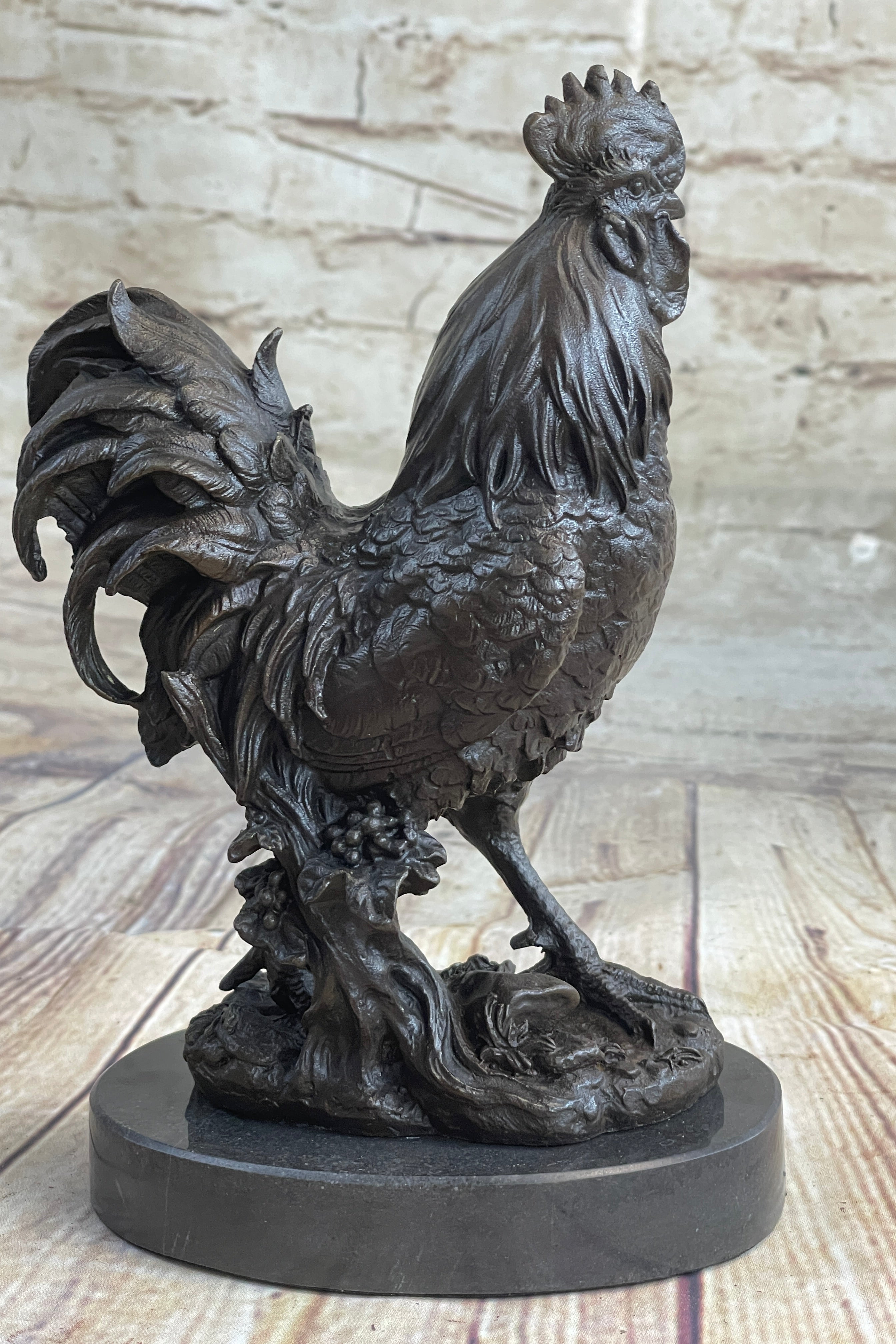 Signed Exquisite Rooster Farm Marble Bronze Statue Sculpture Figurine Figure Art