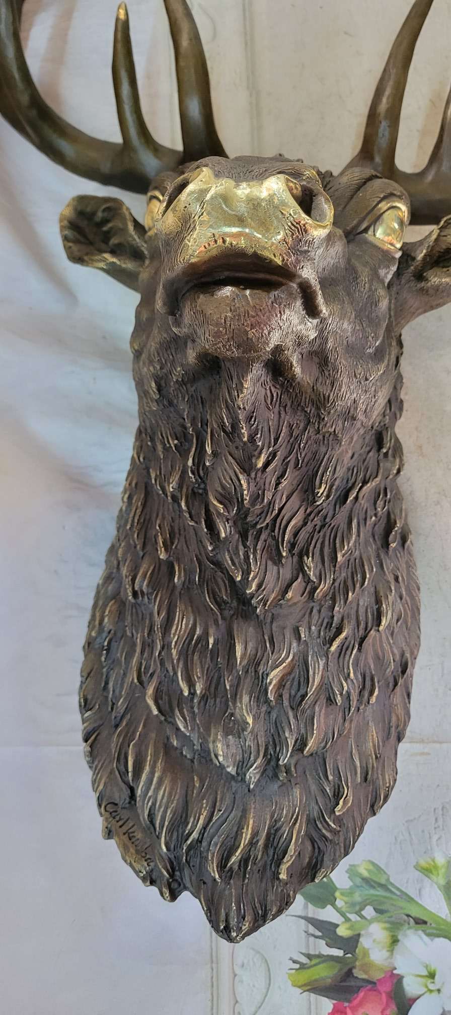 Signed Carl Kauba Life Size Elk Head Bust Bronze Sculpture