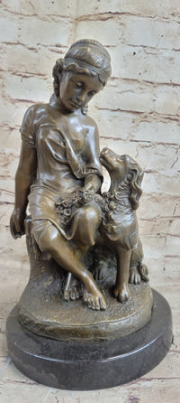 Classical Girl with Puppy Dog Bronze Sculpture 15" x 8"