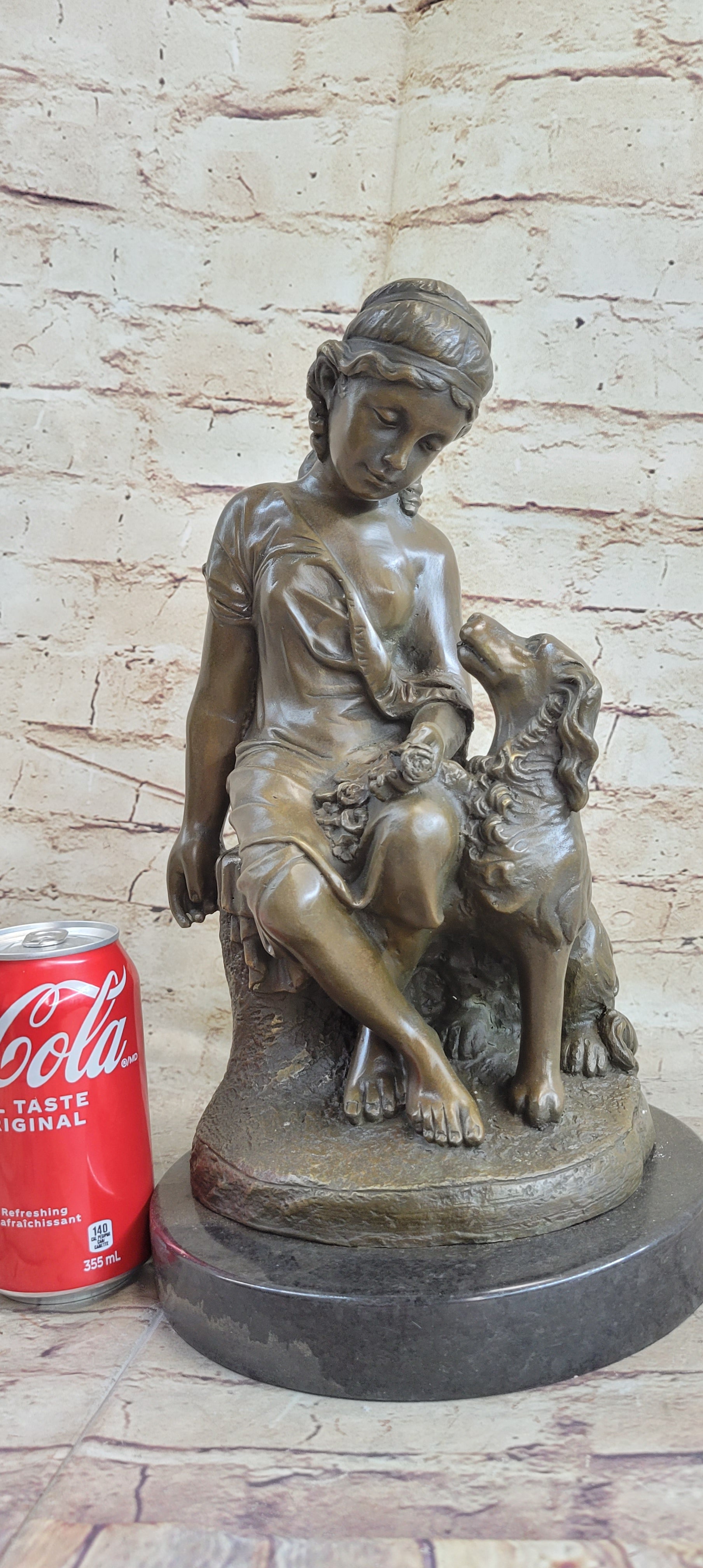 Classical Girl with Puppy Dog Bronze Sculpture 15" x 8"