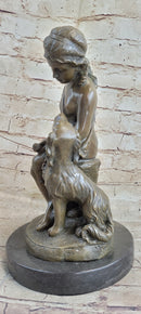 Classical Girl with Puppy Dog Bronze Sculpture 15" x 8"