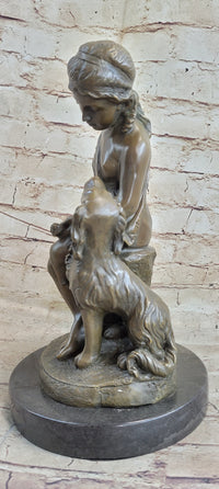 Classical Girl with Puppy Dog Bronze Sculpture 15" x 8"