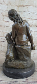 Classical Girl with Puppy Dog Bronze Sculpture 15" x 8"