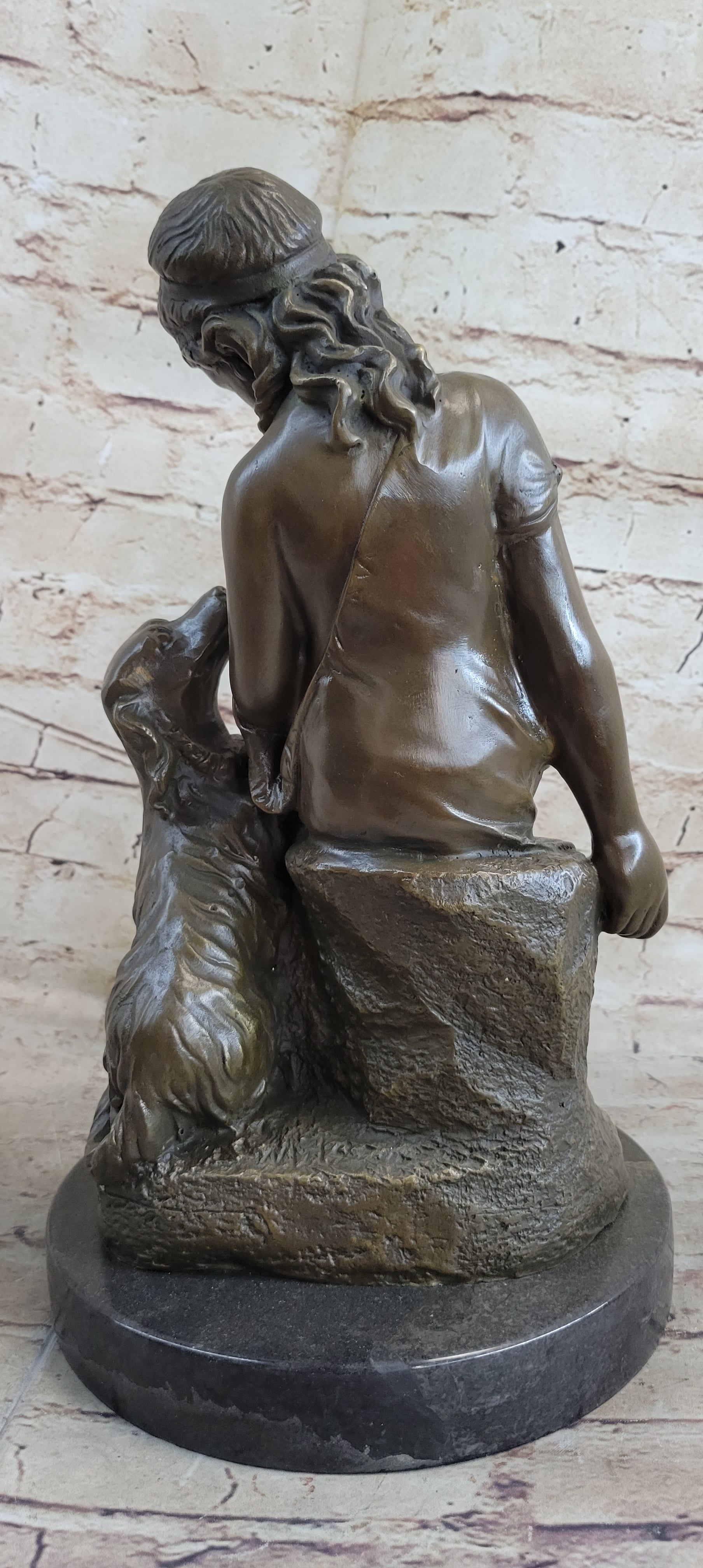 Classical Girl with Puppy Dog Bronze Sculpture 15" x 8"