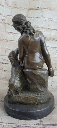Classical Girl with Puppy Dog Bronze Sculpture 15" x 8"