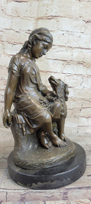 Classical Girl with Puppy Dog Bronze Sculpture 15" x 8"