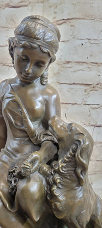 Classical Girl with Puppy Dog Bronze Sculpture 15" x 8"