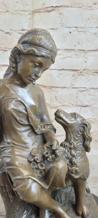 Classical Girl with Puppy Dog Bronze Sculpture 15" x 8"