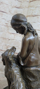 Classical Girl with Puppy Dog Bronze Sculpture 15" x 8"
