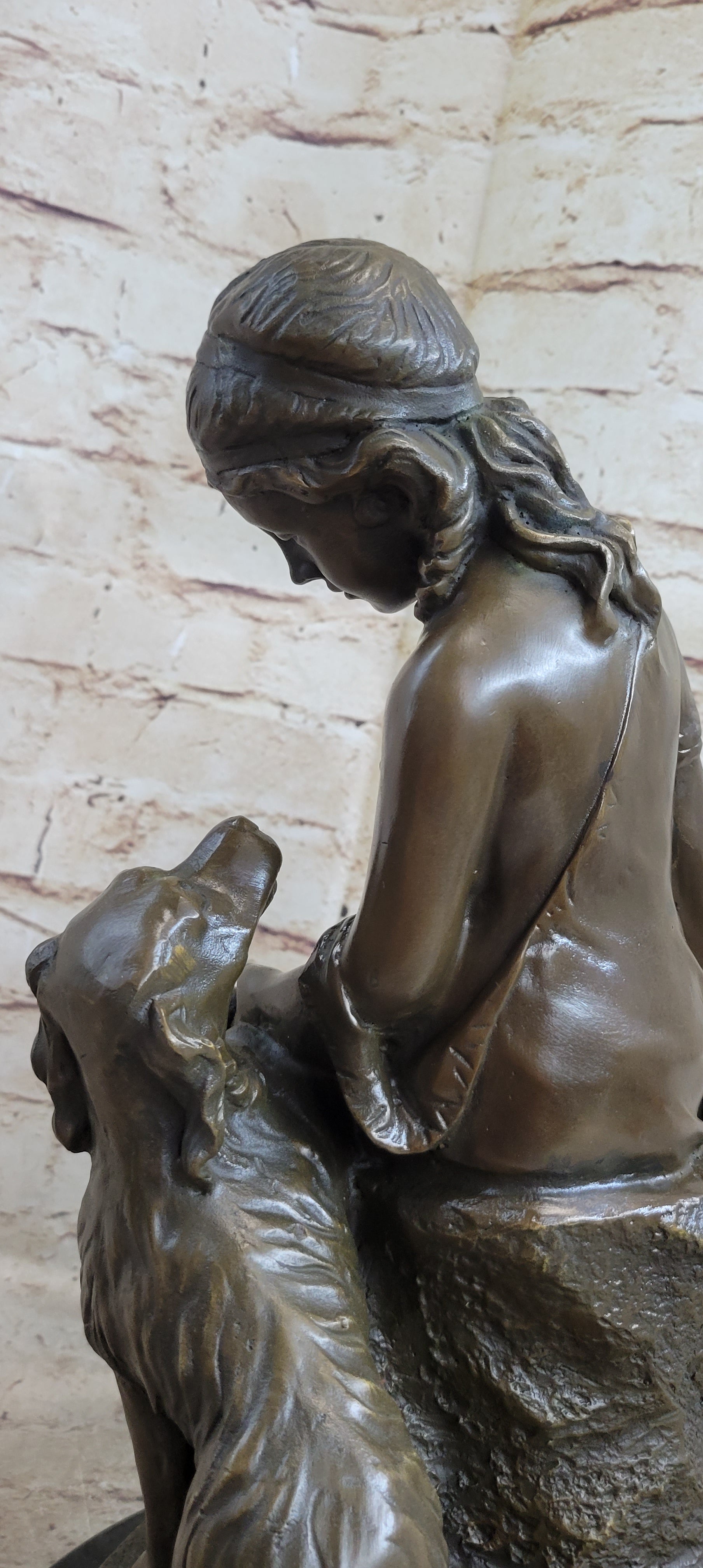Classical Girl with Puppy Dog Bronze Sculpture 15" x 8"