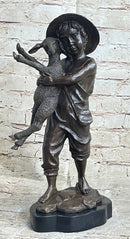 Little Boy in Hat Holding Lamb Sheep Bronze 15" x 7"