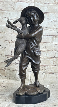 Little Boy in Hat Holding Lamb Sheep Bronze 15" x 7"