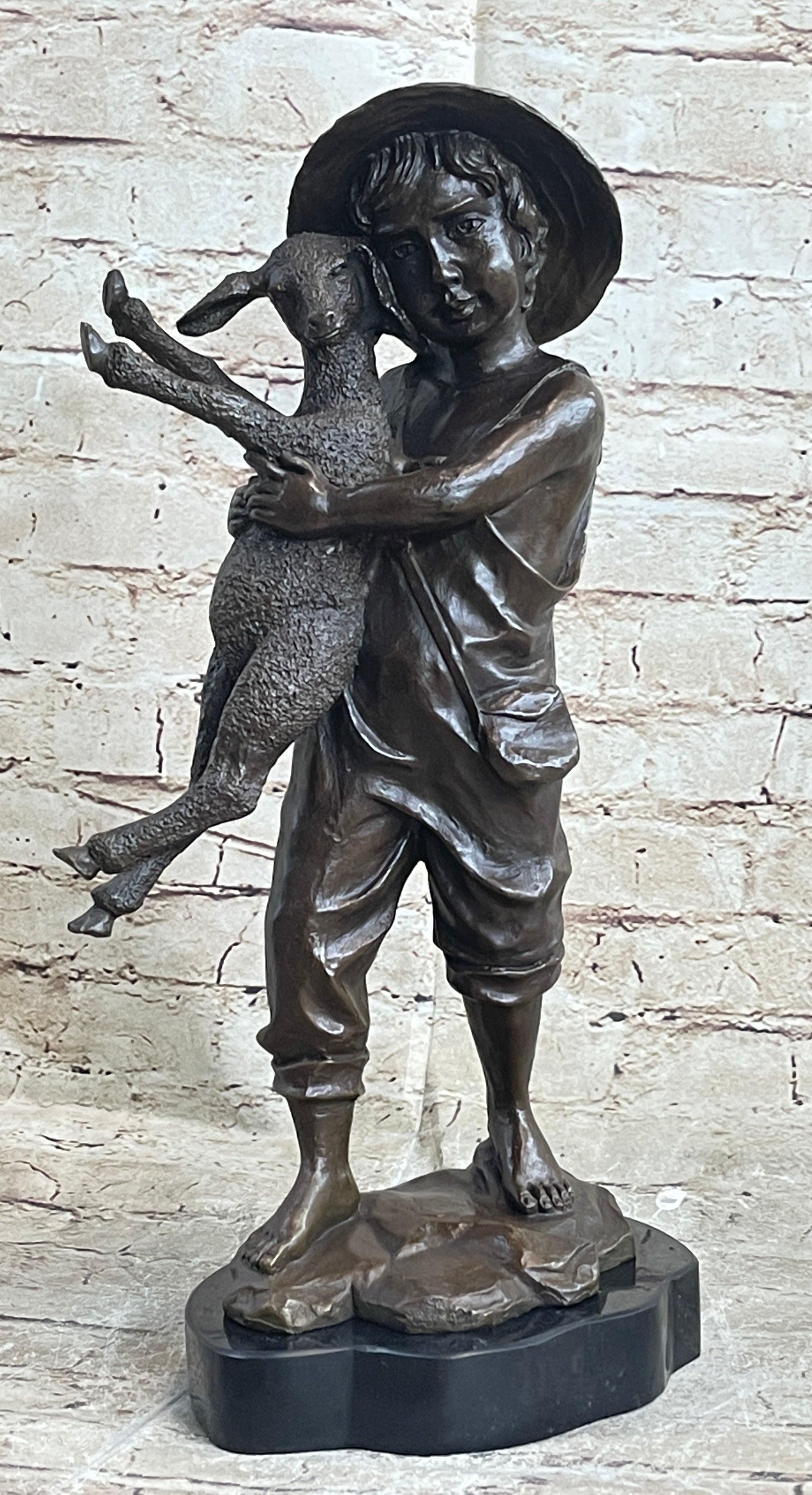Little Boy in Hat Holding Lamb Sheep Bronze 15" x 7"