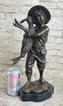Little Boy in Hat Holding Lamb Sheep Bronze 15" x 7"