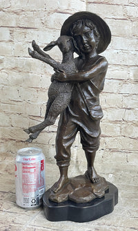 Little Boy in Hat Holding Lamb Sheep Bronze 15" x 7"