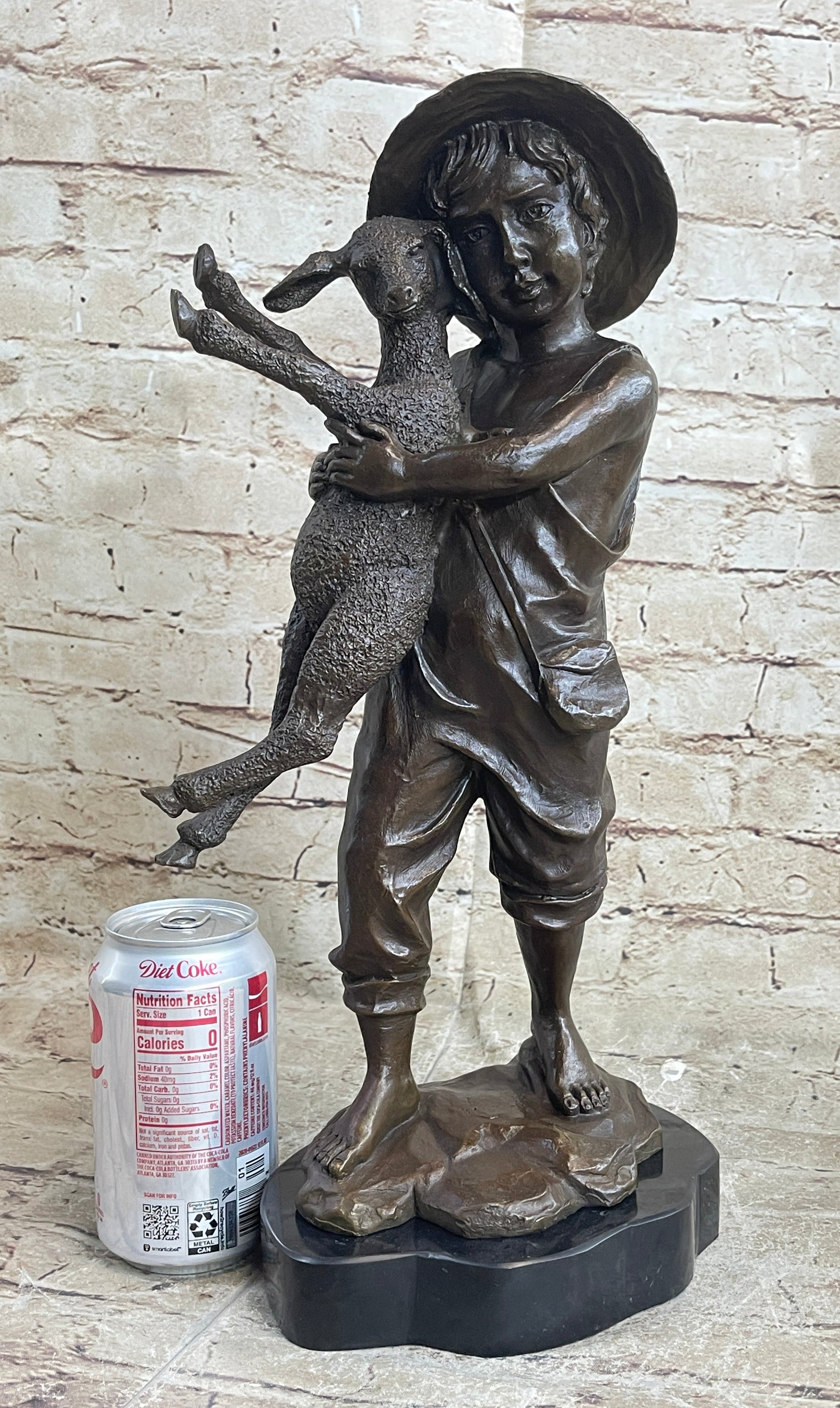 Little Boy in Hat Holding Lamb Sheep Bronze 15" x 7"