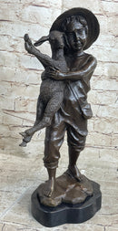Little Boy in Hat Holding Lamb Sheep Bronze 15" x 7"