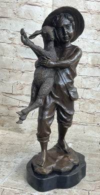 Little Boy in Hat Holding Lamb Sheep Bronze 15" x 7"