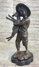 Little Boy in Hat Holding Lamb Sheep Bronze 15" x 7"