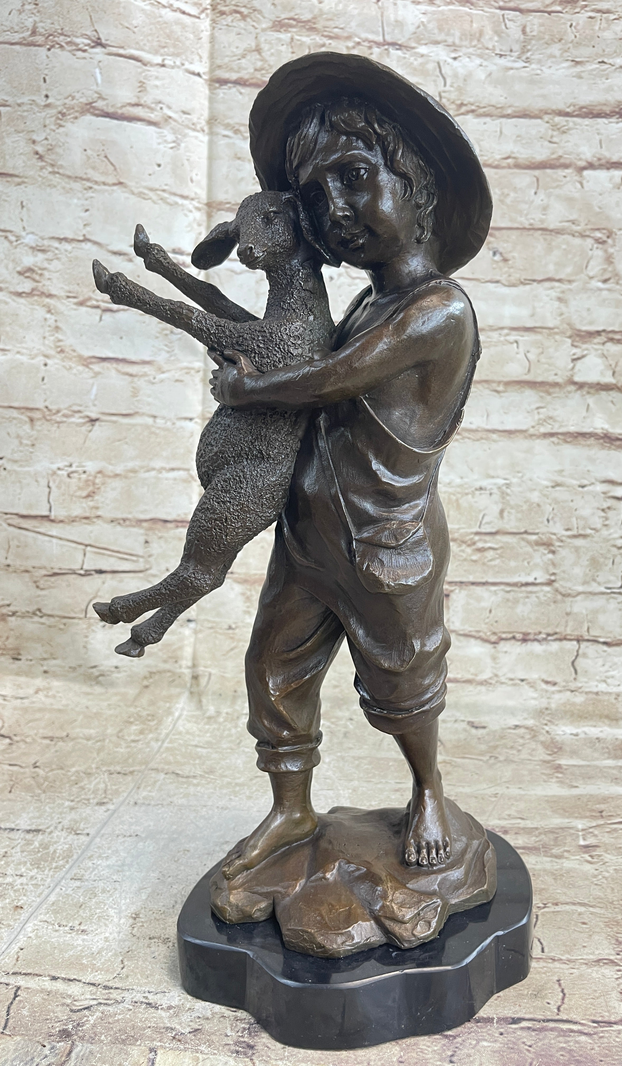 Little Boy in Hat Holding Lamb Sheep Bronze 15" x 7"
