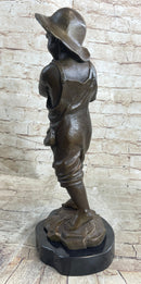 Little Boy in Hat Holding Lamb Sheep Bronze 15" x 7"