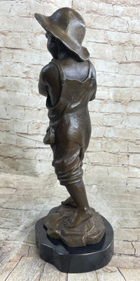 Little Boy in Hat Holding Lamb Sheep Bronze 15" x 7"