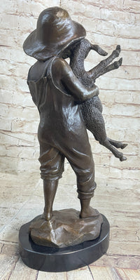 Little Boy in Hat Holding Lamb Sheep Bronze 15" x 7"