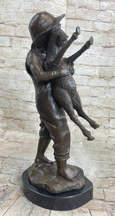 Little Boy in Hat Holding Lamb Sheep Bronze 15" x 7"