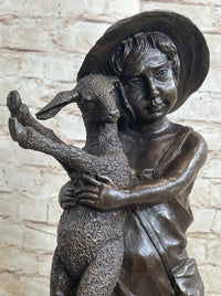 Little Boy in Hat Holding Lamb Sheep Bronze 15" x 7"