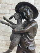 Little Boy in Hat Holding Lamb Sheep Bronze 15" x 7"