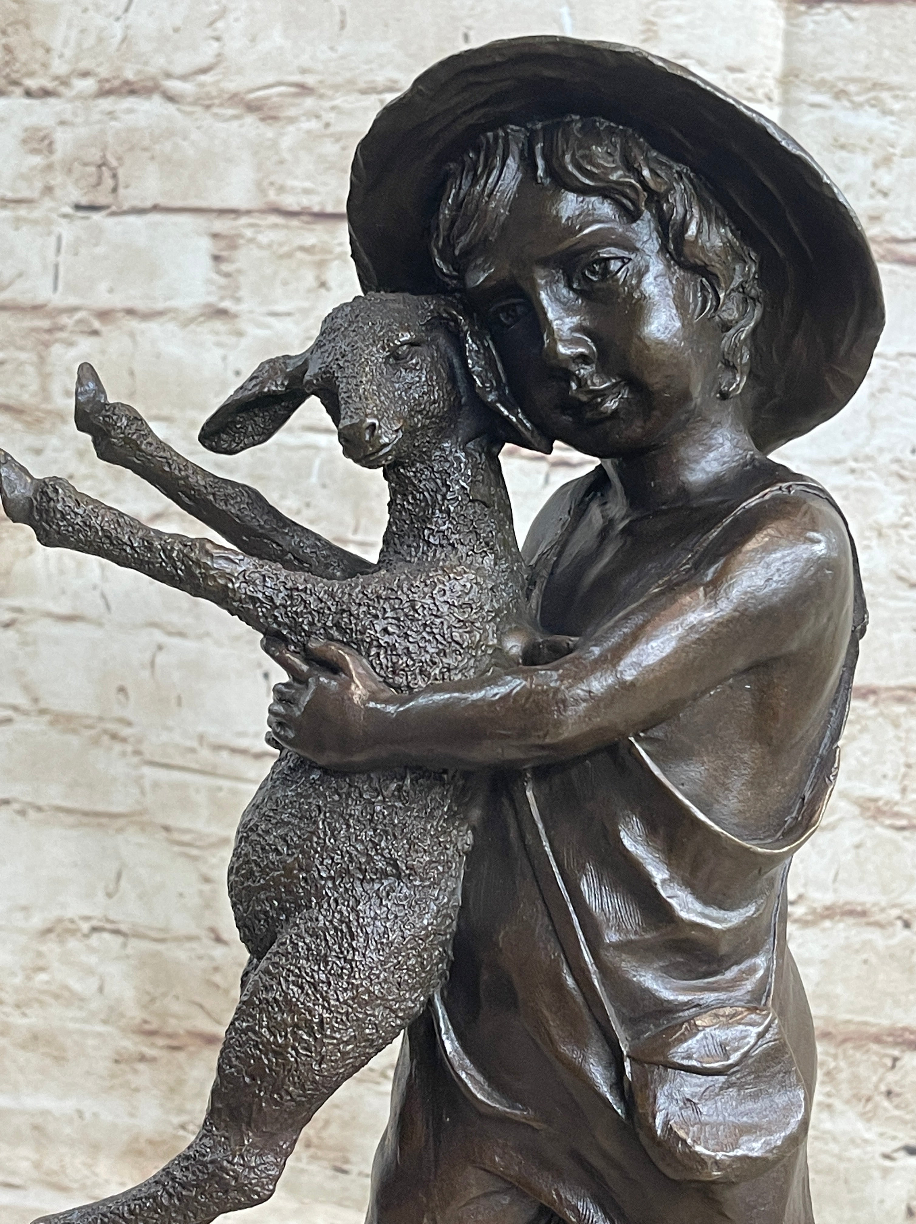 Little Boy in Hat Holding Lamb Sheep Bronze 15" x 7"