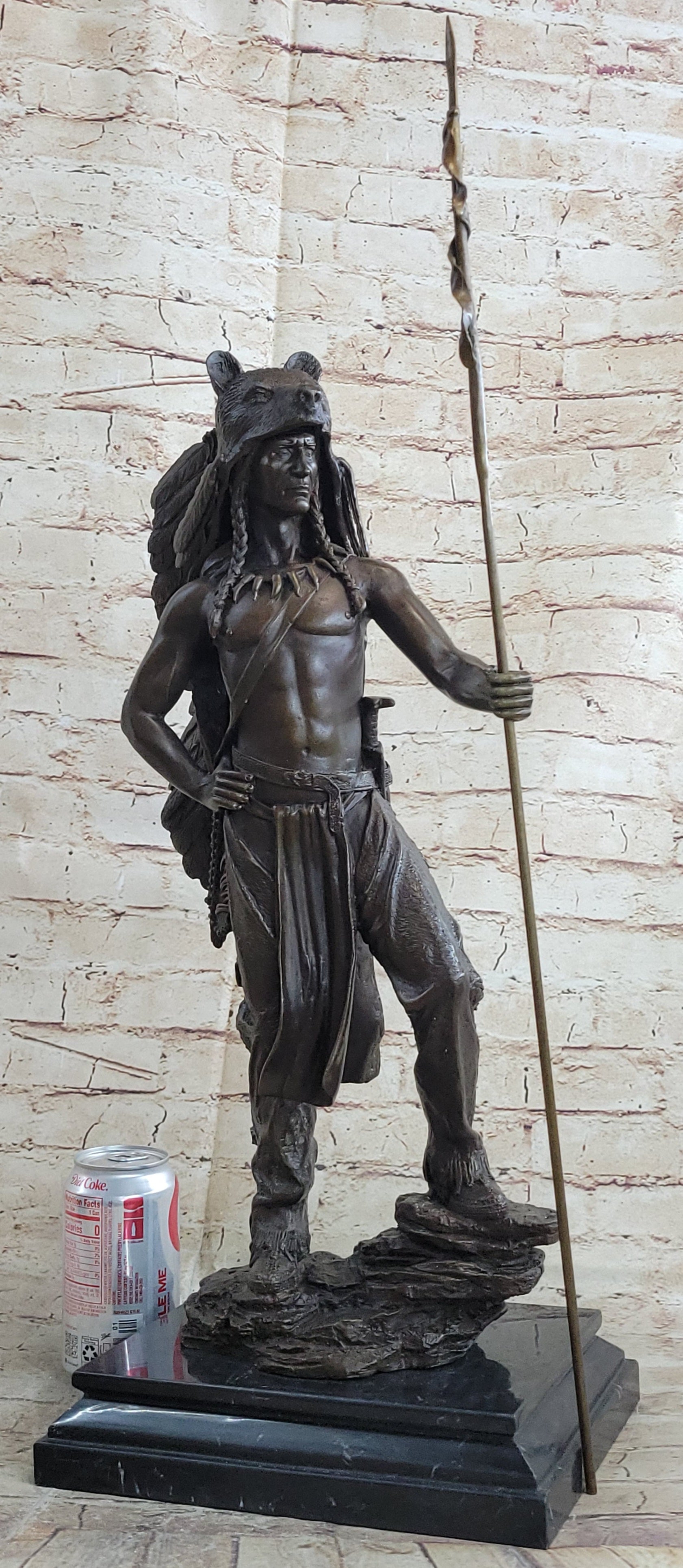 Native American Indian Warrior Bear Skin Headdress Bronze 22"