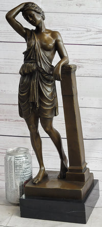 Semi Nude Female Greek Roman Goddess Woman Leaning on Pillar Bronze Statue Sculpture 18" x 7.5"