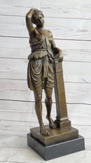 Semi Nude Female Greek Roman Goddess Woman Leaning on Pillar Bronze Statue Sculpture 18" x 7.5"