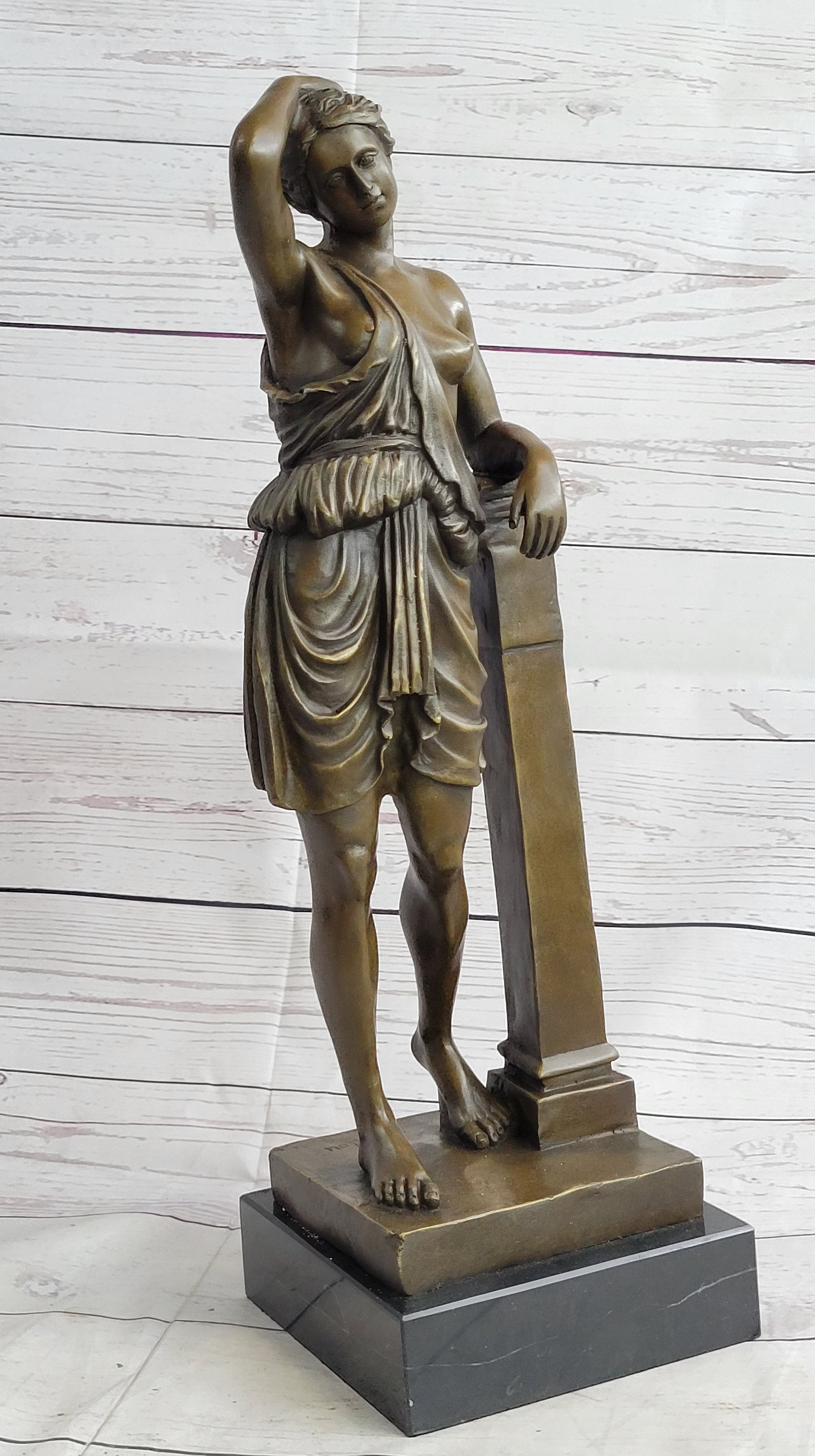 Semi Nude Female Greek Roman Goddess Woman Leaning on Pillar Bronze Statue Sculpture 18" x 7.5"