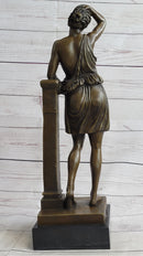 Semi Nude Female Greek Roman Goddess Woman Leaning on Pillar Bronze Statue Sculpture 18" x 7.5"
