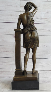 Semi Nude Female Greek Roman Goddess Woman Leaning on Pillar Bronze Statue Sculpture 18" x 7.5"
