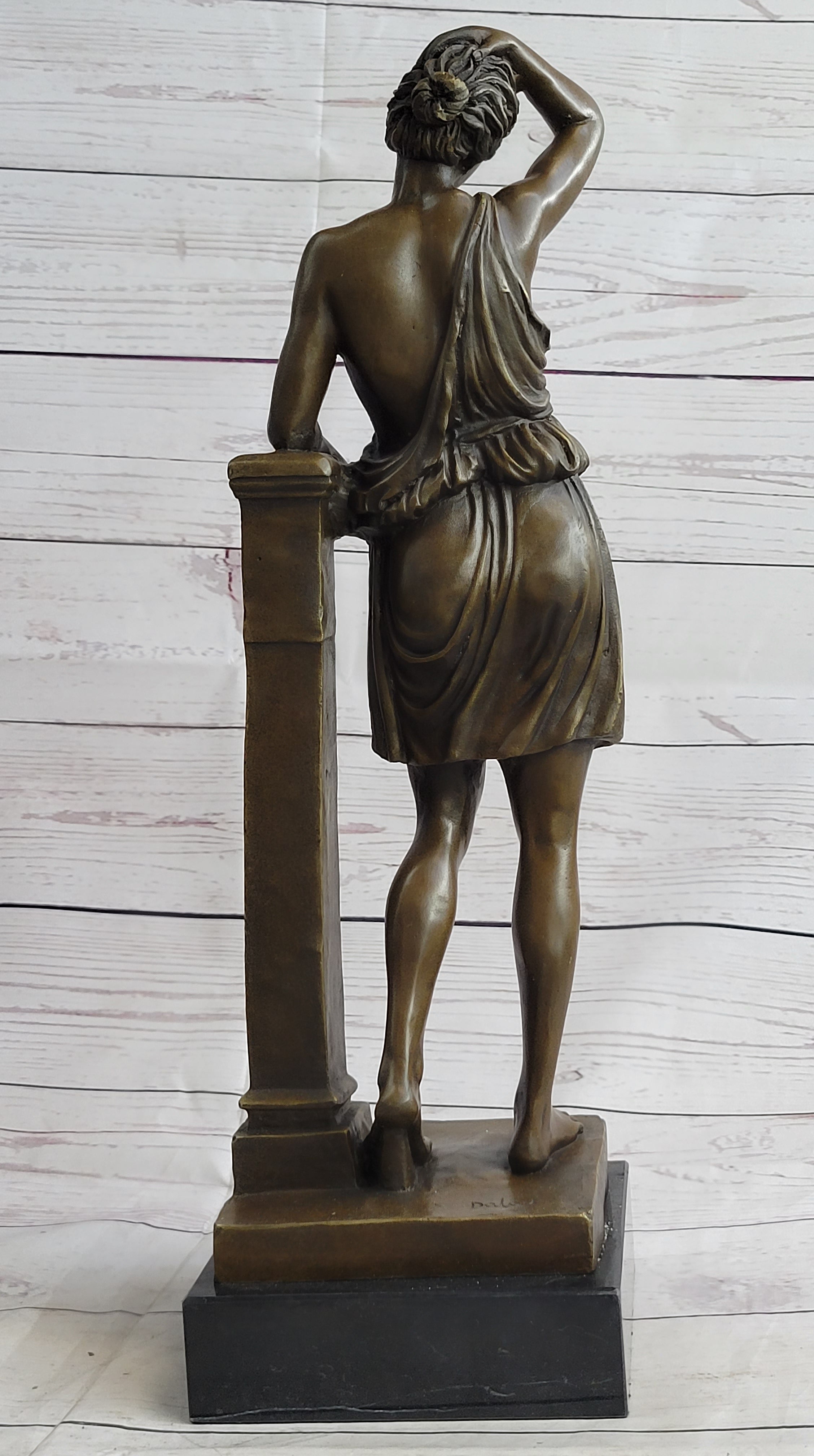 Semi Nude Female Greek Roman Goddess Woman Leaning on Pillar Bronze Statue Sculpture 18" x 7.5"