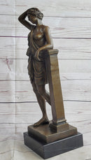 Semi Nude Female Greek Roman Goddess Woman Leaning on Pillar Bronze Statue Sculpture 18" x 7.5"
