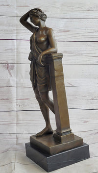 Semi Nude Female Greek Roman Goddess Woman Leaning on Pillar Bronze Statue Sculpture 18" x 7.5"