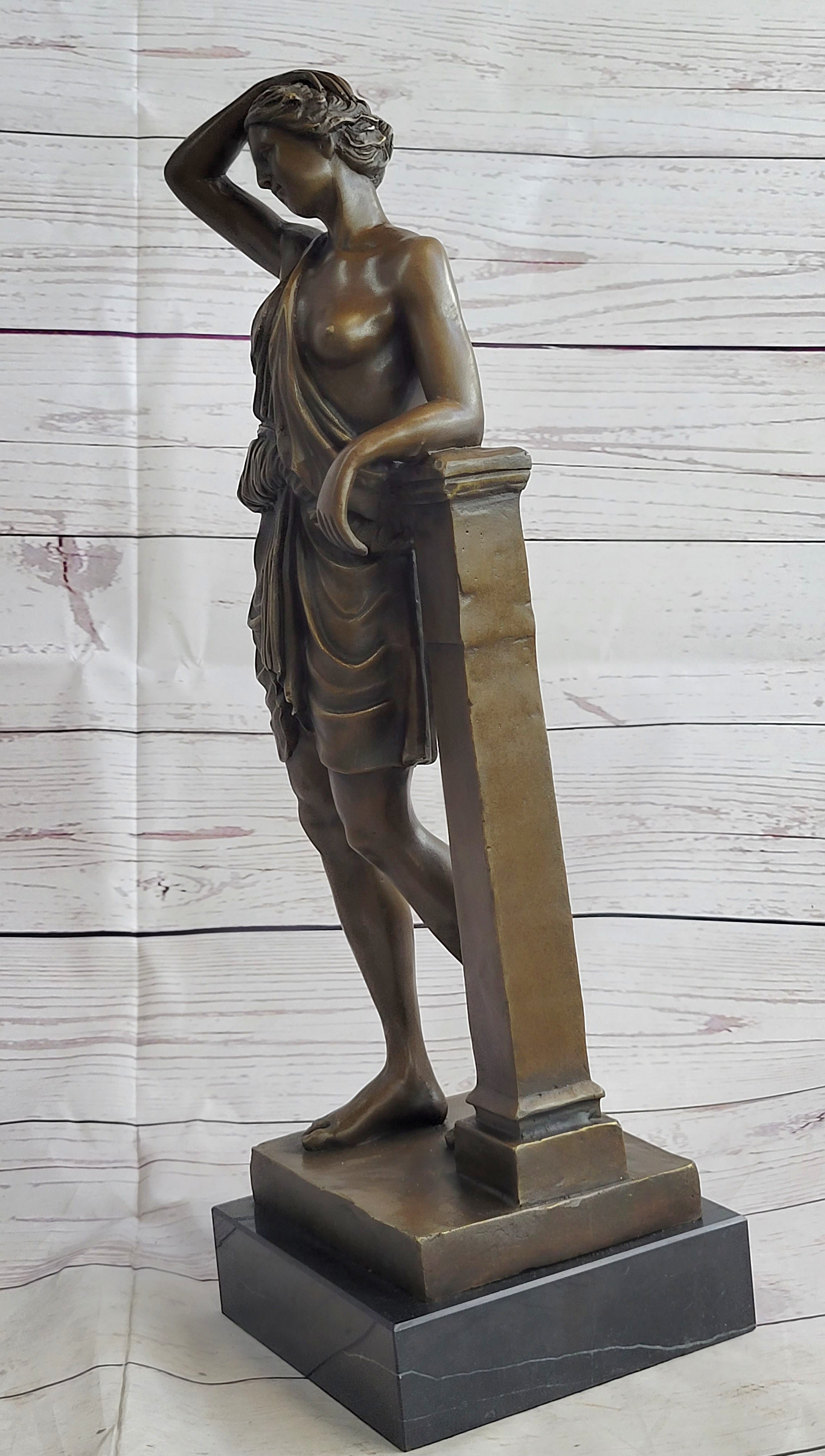 Semi Nude Female Greek Roman Goddess Woman Leaning on Pillar Bronze Statue Sculpture 18" x 7.5"