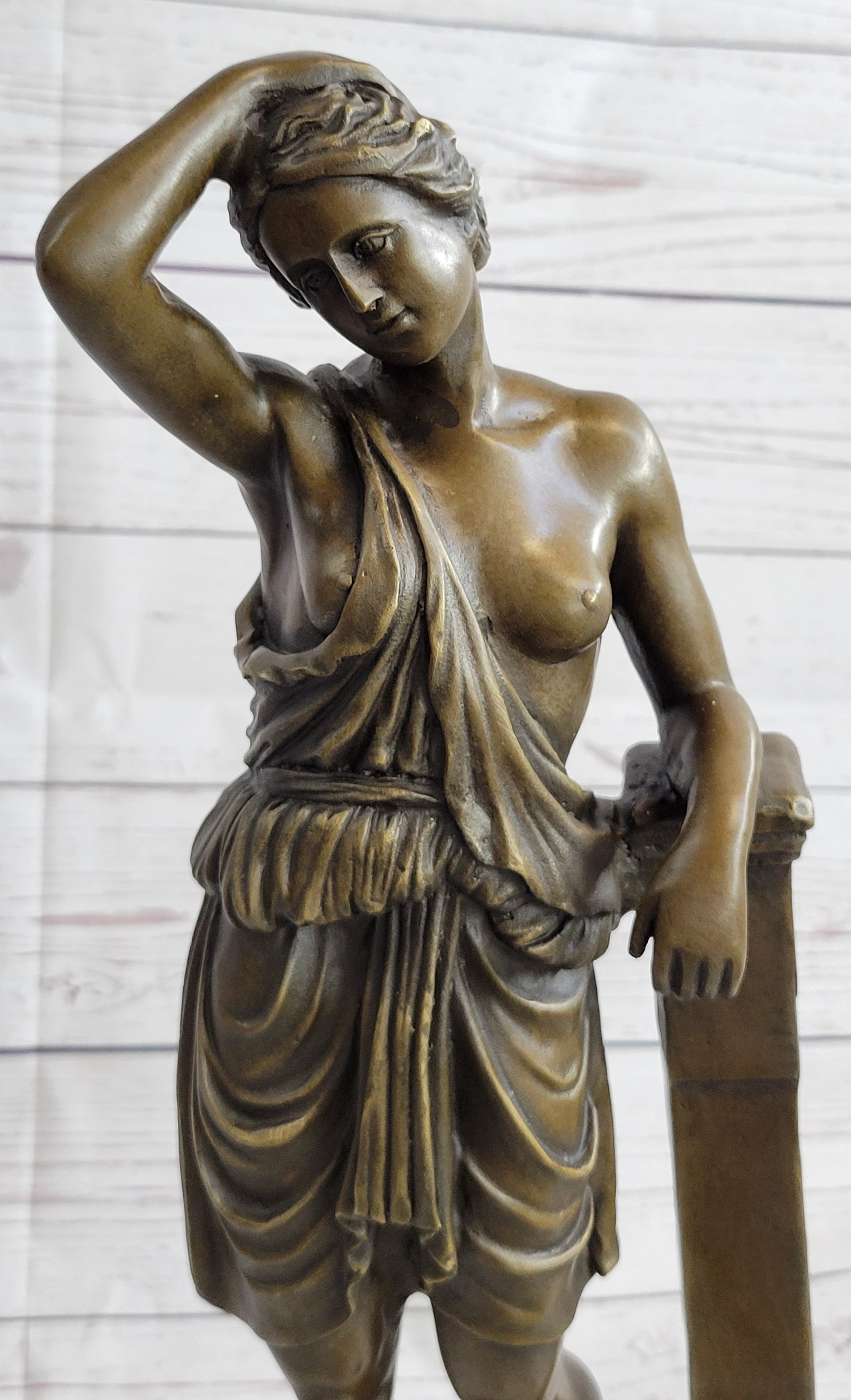 Semi Nude Female Greek Roman Goddess Woman Leaning on Pillar Bronze Statue Sculpture 18" x 7.5"