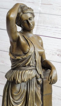 Semi Nude Female Greek Roman Goddess Woman Leaning on Pillar Bronze Statue Sculpture 18" x 7.5"