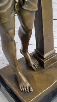 Semi Nude Female Greek Roman Goddess Woman Leaning on Pillar Bronze Statue Sculpture 18" x 7.5"