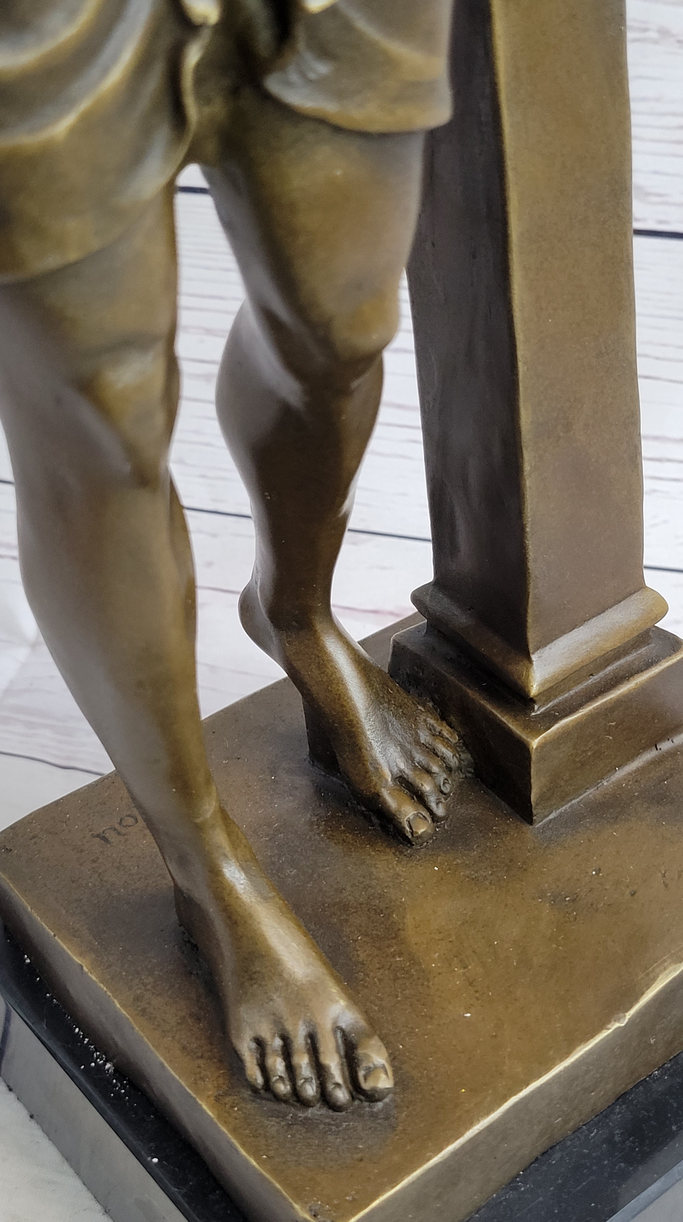 Semi Nude Female Greek Roman Goddess Woman Leaning on Pillar Bronze Statue Sculpture 18" x 7.5"