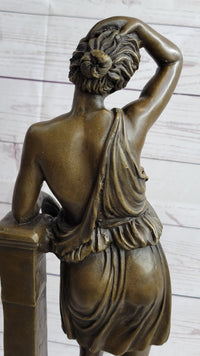 Semi Nude Female Greek Roman Goddess Woman Leaning on Pillar Bronze Statue Sculpture 18" x 7.5"