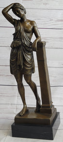 Semi Nude Female Greek Roman Goddess Woman Leaning on Pillar Bronze Statue Sculpture 18" x 7.5"